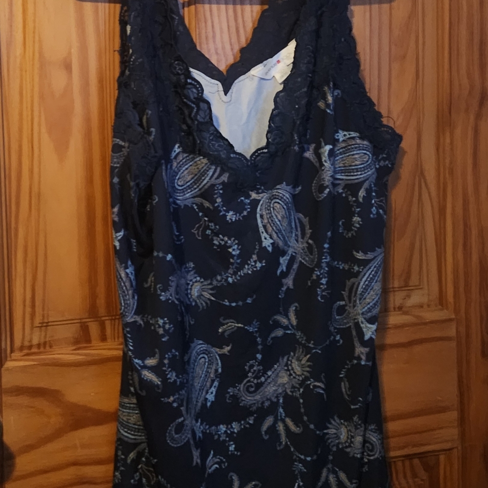 Avenue Black and Blue Paisley Lace Trim Top